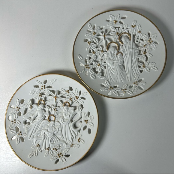 Lenox Bisque Porcelain Pierced Plate 24kt Gold Trim Lot Of 2 From 1993/4 holiday - Picture 1 of 6